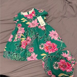 Lilly Pulitzer Green and Pink Floral Baby Dress with Bloomers